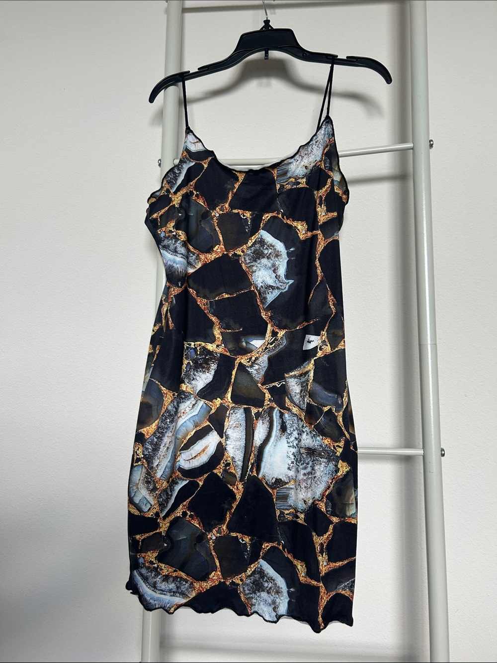 Black & Gold Marble-Print Slip Dress